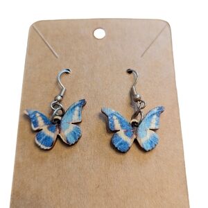 Wooden Blue Delicate Butterfly Earrings 3/8 inch